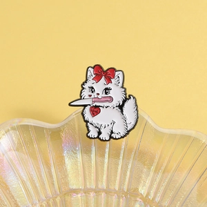 Cute cartoon cat enamel brooch with knife and red heart pendant for clothing bags