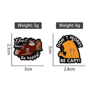 Funny cartoon animal enamel pins set with sloth and capybara motivational quotes