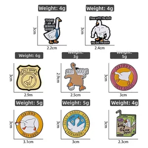 Detailed size and weight chart for a set of eight funny cartoon goose enamel pins