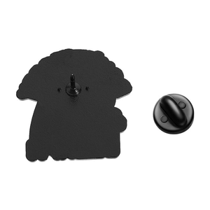 Detailed back view of a black enamel pin with a durable rubber clutch and stable metal needle