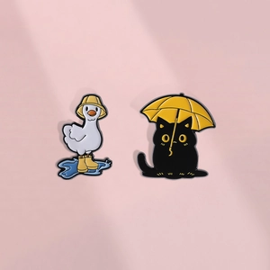 Cute Cartoon Enamel Pin Black Cat With Yellow Umbrella White Duck Rain Boots Alloy Brooch For Backpack Clothes Decoration