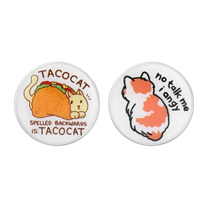 Funny cartoon cat enamel pins featuring taco cat and no talk me i angy meme designs