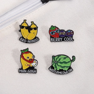 Funny fruit puns enamel pin set with banana, berry, mango and watermelon cat designs