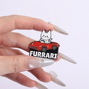 Cute white cat driving a red Furrari sports car enamel pin badge accessory