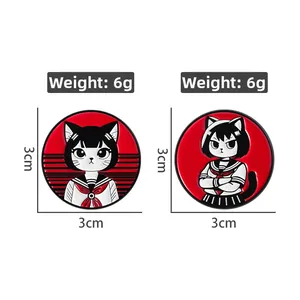 Vue détaillée de badges ronds de 3cm avec fille anime, spécifications de poids 6g