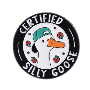 Funny Certified Silly Goose enamel pin with green cap and strawberry details