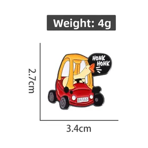 Detail showing cartoon goose driving a red car enamel pin dimensions 3.4cm width and 4g weight