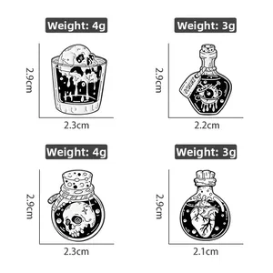 Detailed view of Gothic punk enamel pins featuring skull glass and heart bottle designs