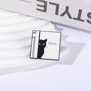 Funny black cat enamel pin with bitch text on a stylish square metal badge