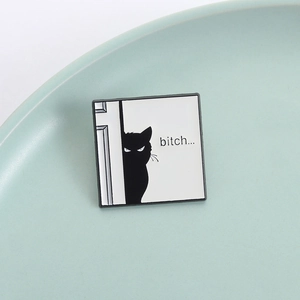 Quirky black cat enamel pin with bitch text on ceramic tray for modern metal accessory