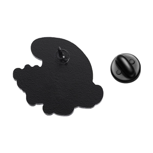 Macro view of matte black metal enamel pin back with secure rubber butterfly clutch