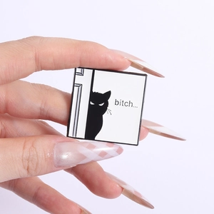 Gothic black cat enamel pin with bitch text and funny peeking cat design for clothing