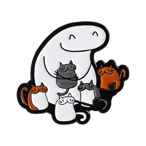 Minimalist enamel pin featuring a white cartoon character hugging four colorful cats