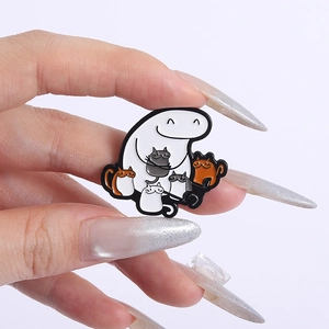 Cartoon white figure enamel brooch holding four cute colorful cats with black outlines