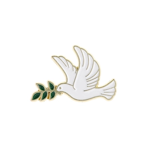 Broche colombe de la paix en émail blanc avec bords dorés et branche d'olivier verte