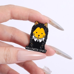 Cartoon black cat enamel brooch with Halloween Spirit text for festive decoration