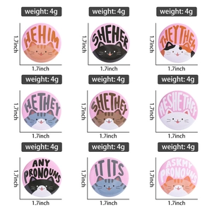 Detailed 1.7-inch tinplate cat pronoun badge featuring nine cute cartoon kitten designs