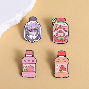 Set of four cute cartoon fruit beverage bottle enamel pins featuring grape and peach