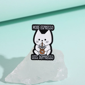 Detailed close-up of More Espresso Less Deppresso cat enamel pin with polished finish