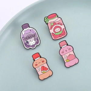 Cute fruit bottle enamel pins set featuring grape strawberry peach and watermelon designs