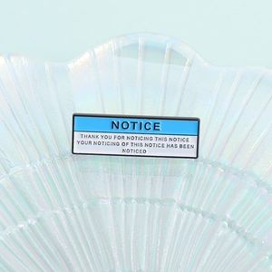 Creative enamel pin with humorous notice quote on a pearlescent shell tray display