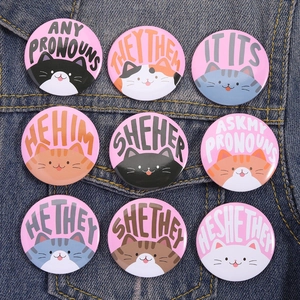 Cartoon Cute Cat Pronoun Pin Badge Alloy Tinplate Brooch For Bags Clothes Accessories HE SHE THEY Identity Pins