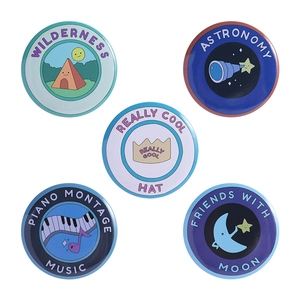 Five creative tinplate badges with wild, astronomy, and music illustration designs