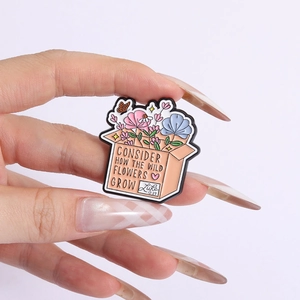Enamel flower box pin with Bible quote Consider How The Wild Flowers Grow