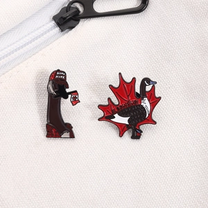 Cartoon enamel goose pins with Canadian flag and maple leaf on white canvas bag