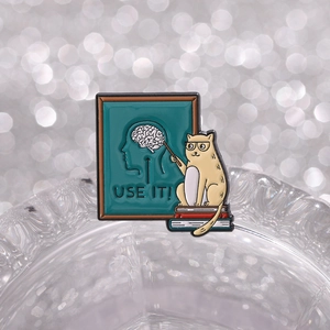 Detail der Emaille-Anstecknadel mit Katzenlehrer, Tafel und dem Text „USE IT!“