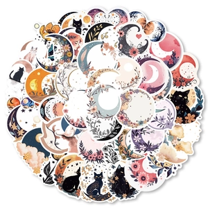 Aesthetic Moon Flower Cat Waterproof PVC Stickers For Scrapbooking DIY Laptop Planner Journal Phone Case Decoration