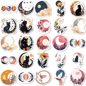 Set of 25 bohemian moon and cat stickers for notebooks and phone cases decoration