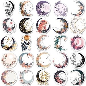 Set of 50 minimalist moon and floral decorative stickers for journals and phone cases