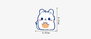 Detailed view of hamster sticker dimensions 5.41cm by 5.07cm with blue line art