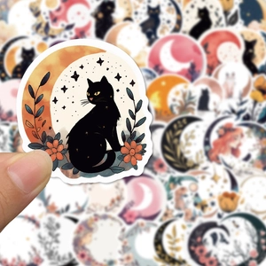 Minimalist moon and flower stickers featuring black cats for planners and laptop decor