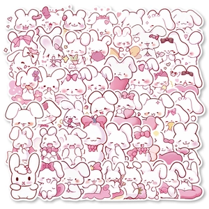 Close-up of 50 pieces cute pink rabbit stickers for scrapbooking and DIY decoration
