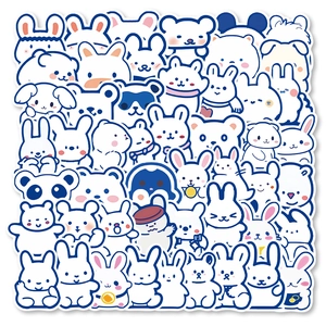 Detailed view of assorted blue line animal stickers featuring cute bears and rabbits