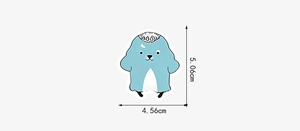 Detailed size specifications for a blue cartoon character sticker showing height and width