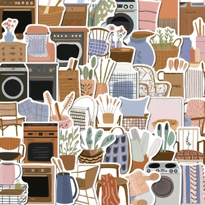 Flat lay of Nordic lifestyle stickers featuring retro appliances and potted plants