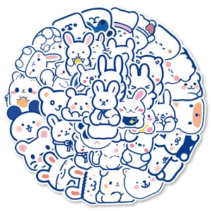 Cute Blue Line Cartoon Animal Stickers Waterproof PVC Aesthetic Decals For Laptop Journal Water Bottle Luggage Scrapbooking DIY Decor