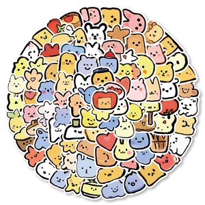 Macro view of waterproof cartoon stickers arranged in a circle on a white background