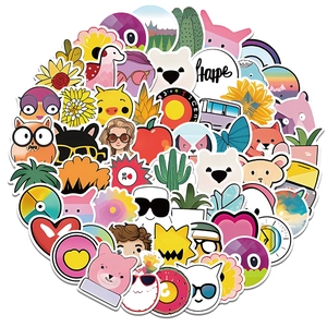 Detailed view of 60 assorted colorful VSCO cartoon stickers for luggage and laptops