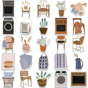 Nordic style home life stickers set featuring cute furniture and indoor plants in earthy tones