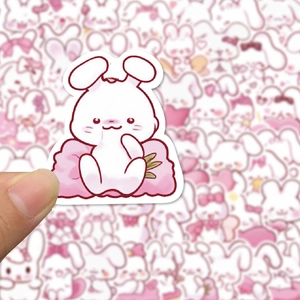 Close-up of a cute pink rabbit sticker on a cloud for decorating phones and laptops