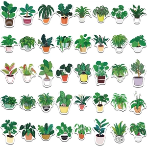 Detailed macro view of 40 unique potted plant stickers for DIY scrapbooking and laptops