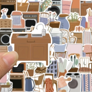 Close-up of hand-drawn Nordic style furniture stickers for planners and scrapbooking