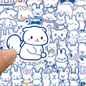 Close-up of blue line cartoon animal stickers for DIY decorating water bottles and laptops