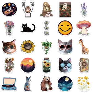 Pack of 25 diverse waterproof vinyl stickers featuring animals, nature, and vintage designs