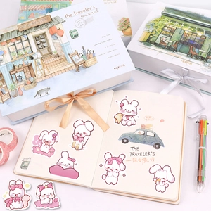 50pcs cute pink rabbit graffiti stickers with notebook and gift box set for journaling