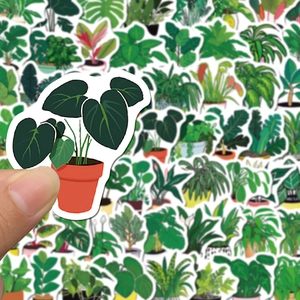 Close-up of waterproof green potted plant stickers showing various mini botanical designs